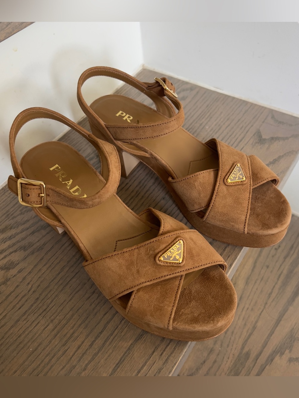 Prada Triangle Suede Platform Sandals in Camel Brown NWOB - Picture 4 of 12